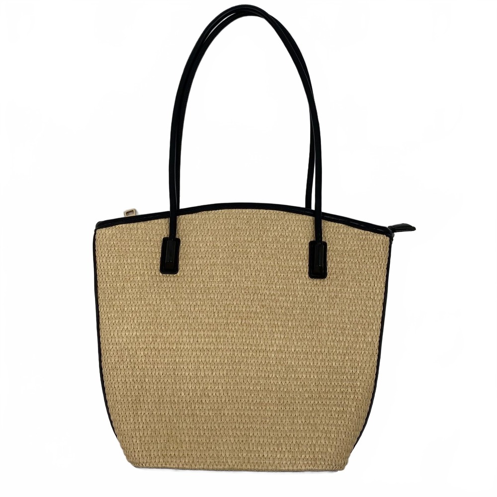 Miztique Beige Black Straw Woven Tote